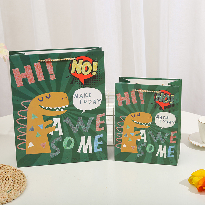 Cartoon Q-version dinosaur gift bags, hand-held bags, gilded and powder-coated paper bags, birthday return gifts and souvenirs, South American packaging bags Specification image