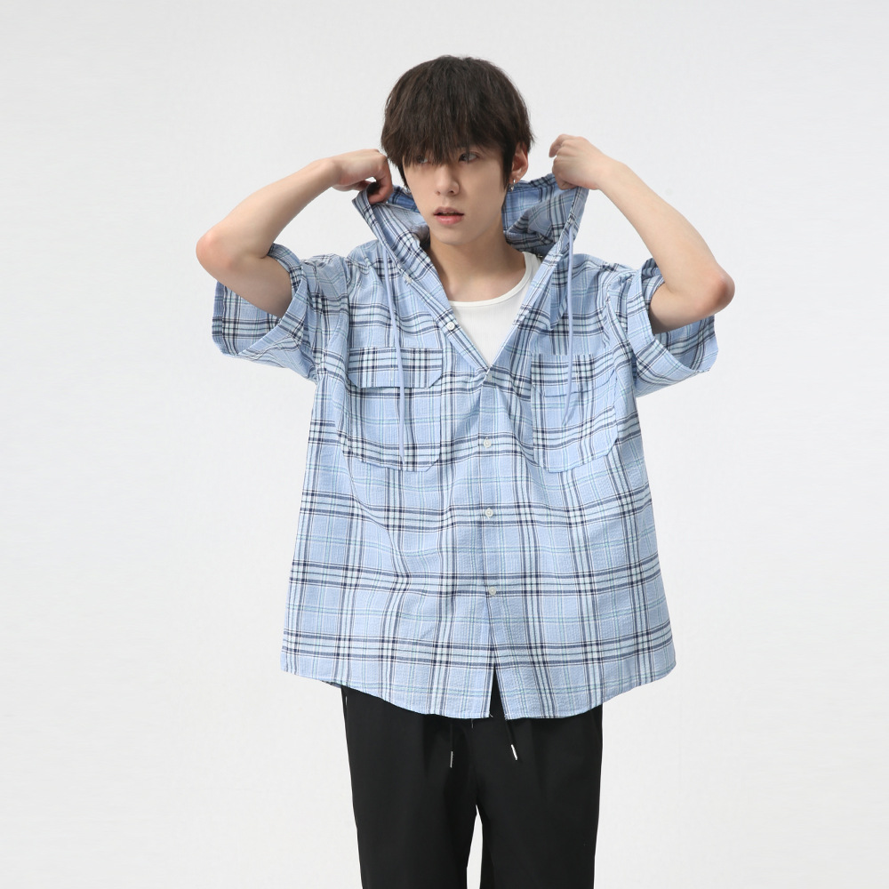 MTLCLOTHES men's Wear: The new 2024 summer collection features a trendy Japanese retro checkered double-pocket hooded work shirt Application Scenario