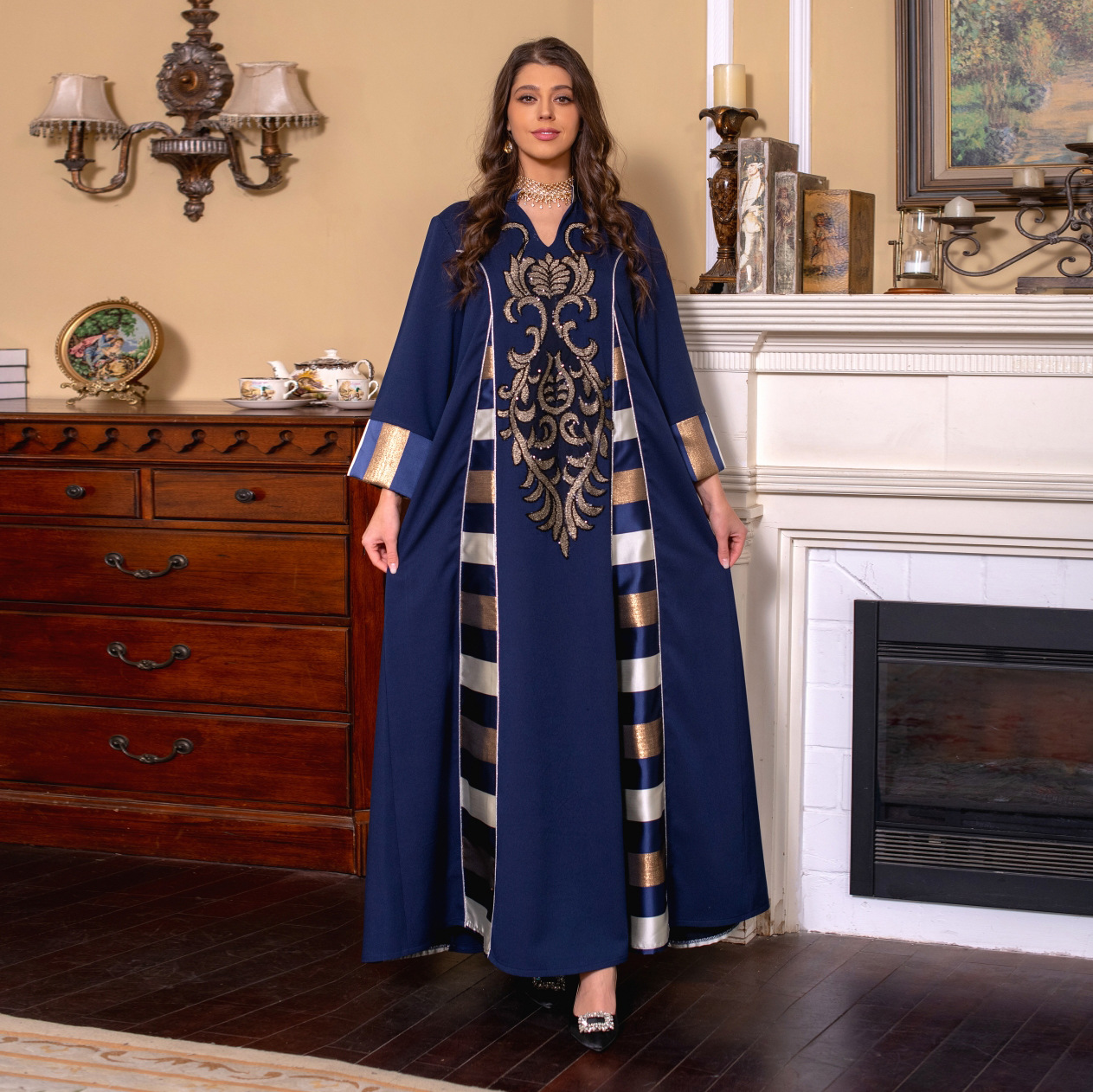 AB052跨境外贸中东女装绣花条纹abaya穆斯林阿拉伯迪拜muslim长袍详情图2
