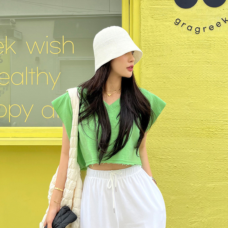 夏季纯棉休闲T恤女装新款拼接V领落肩袖宽松休闲百搭短款罩衫上衣