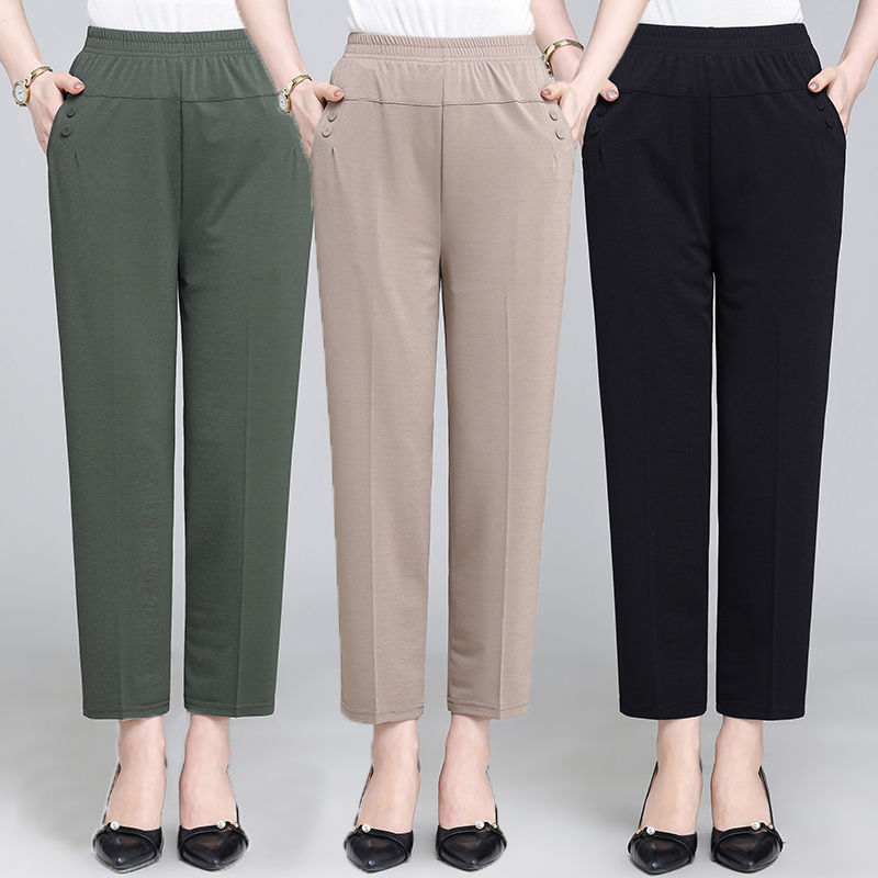 For middle-aged and elderly people in summer, there are thin, elastic, tight-waisted straight-leg pants that can be worn as outerwear, high-waisted mom pants, and casual pants