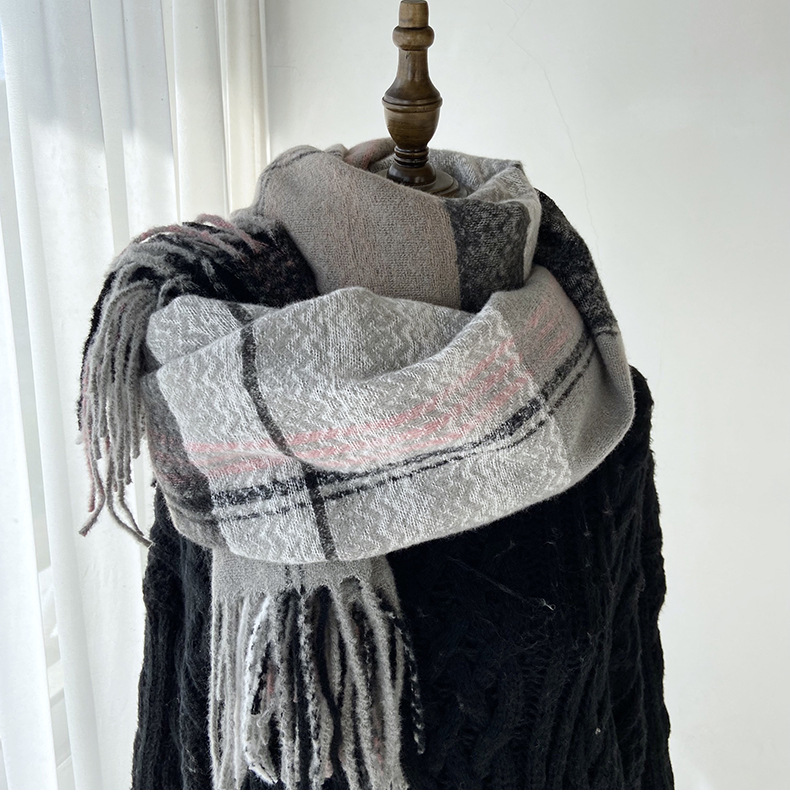 围巾女秋冬季跨境高级感仿羊绒格子流苏披肩学生加厚保暖围脖批发详情16