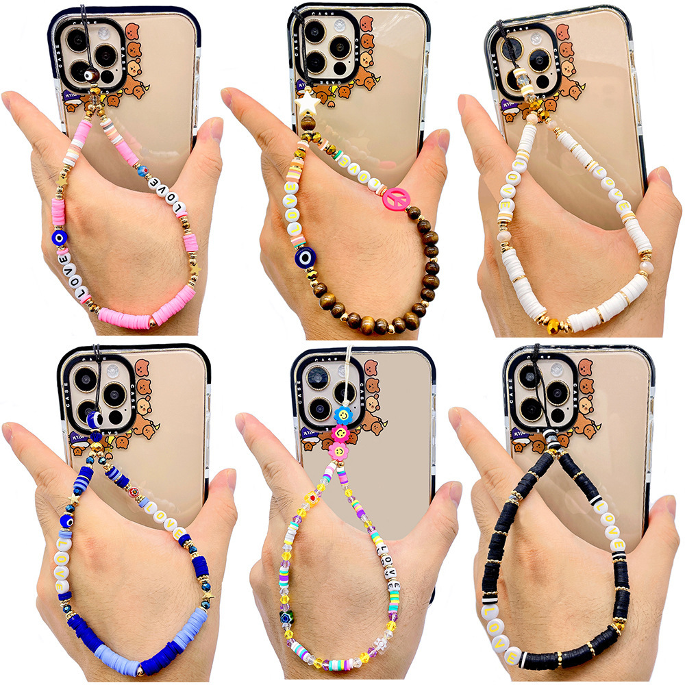 European and American soft clay mobile phone pendant chain, acrylic letter "LOVE" beaded mobile phone chain, couple mobile phone pendant rope for women