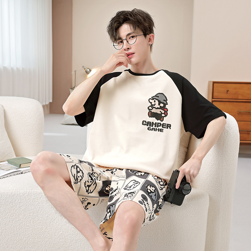 Pijamas hombre verano algodón shorts manga corta adolescente 2025 nuevo hombre ropa de hogar 100% algodón suéter de verano details Picture