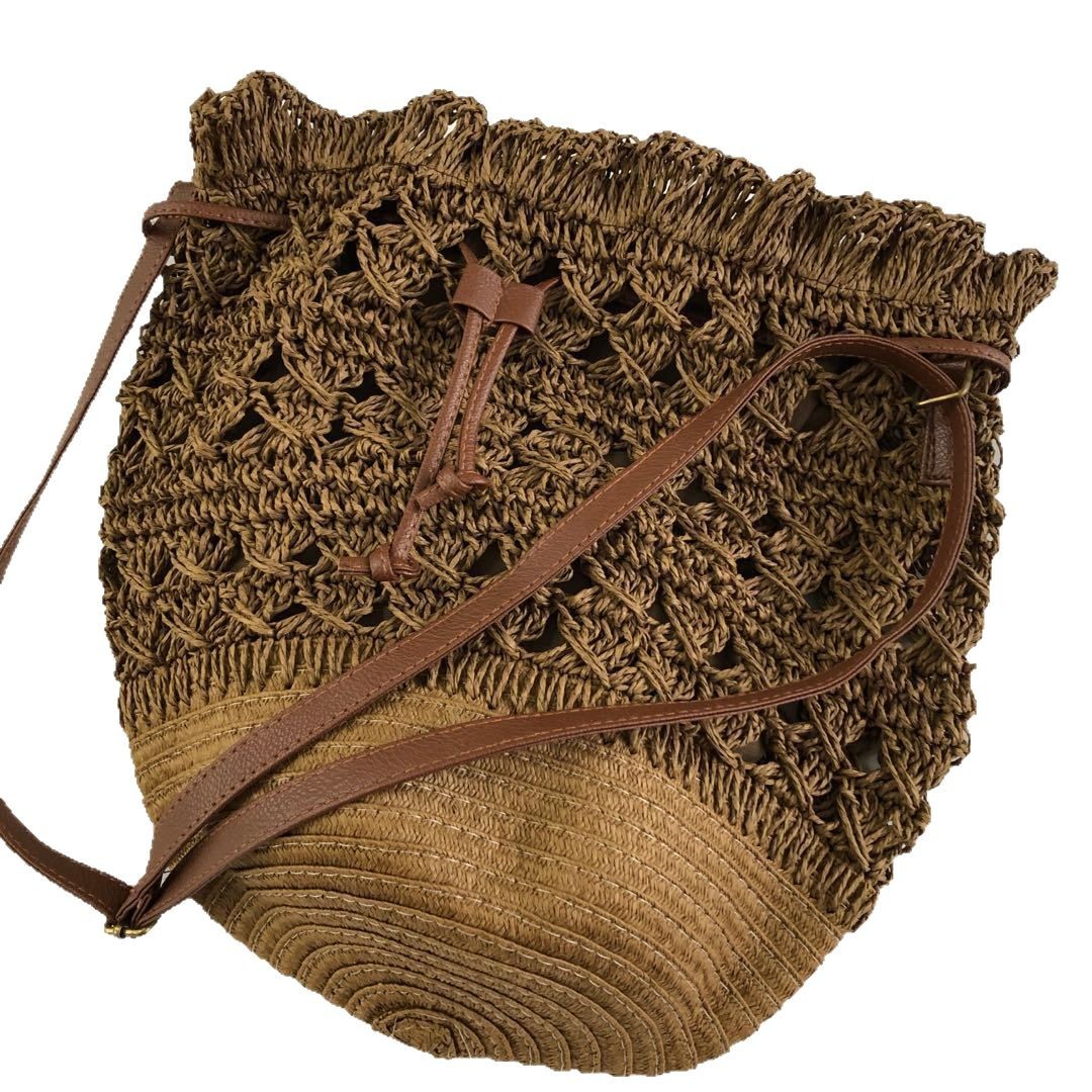 新款钩花编织草编包女包非藤编包背包沙滩草包水桶包