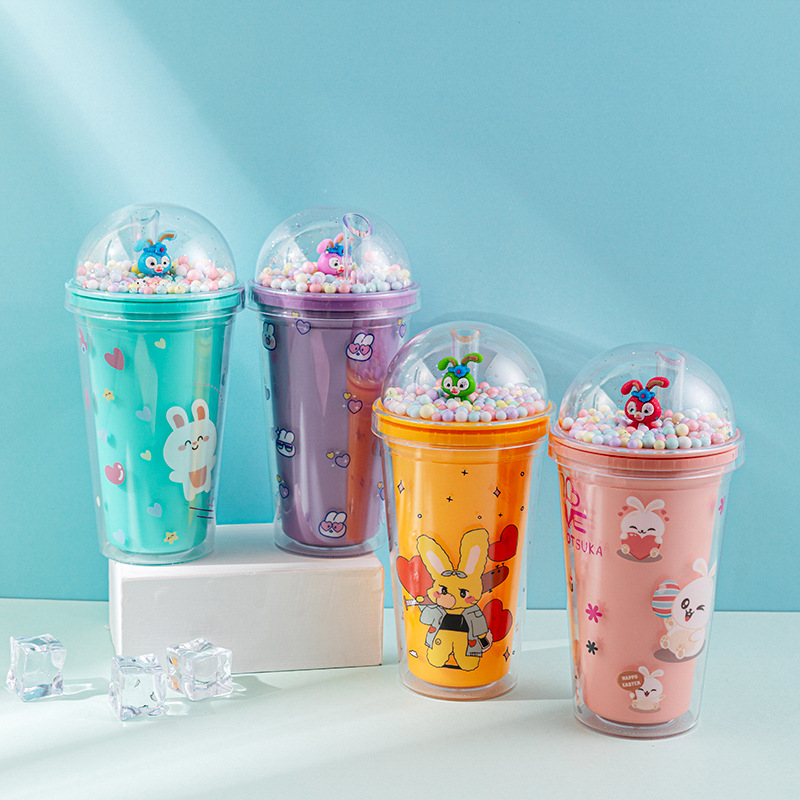 Cross-Border New Net Red Rabbit Cup High Appearance Level Cartoon Children's Milk Tea Straw Cup Double Plastic Water Cup Landscape Cup Specification drawing