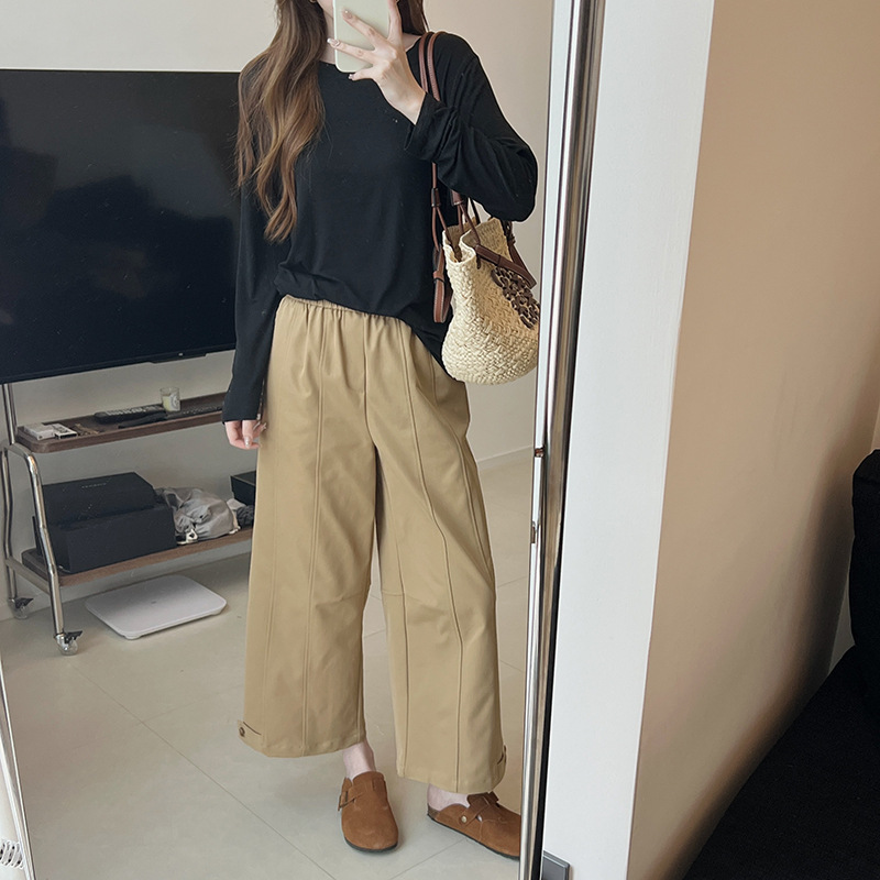 Early autumn vertical line design niche casual pants for women, soft and comfortable, mountain-style high-waisted, versatile wide-leg nine-inch pants for women