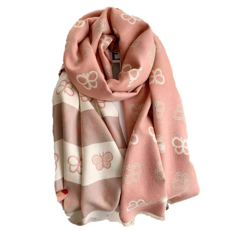 Korean Version Of Sweet Pink Butterfly Imitation Cashmere Scarf For Women Autumn Winter College Style Double Sided Thick Warm Air Conditioning Shawl Item Picture