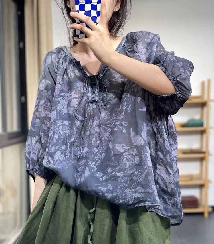 Artistic and retro lace-tied ramie digital printed pullover three-quarter sleeve shirt for women, 2022 Summer new style floral shirt Item Picture