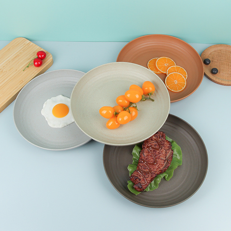 Wholesale of wheat straw plastic plates, round plates, vegetable plates, plastic dinner plates, household fruit plates, snack plates details Picture