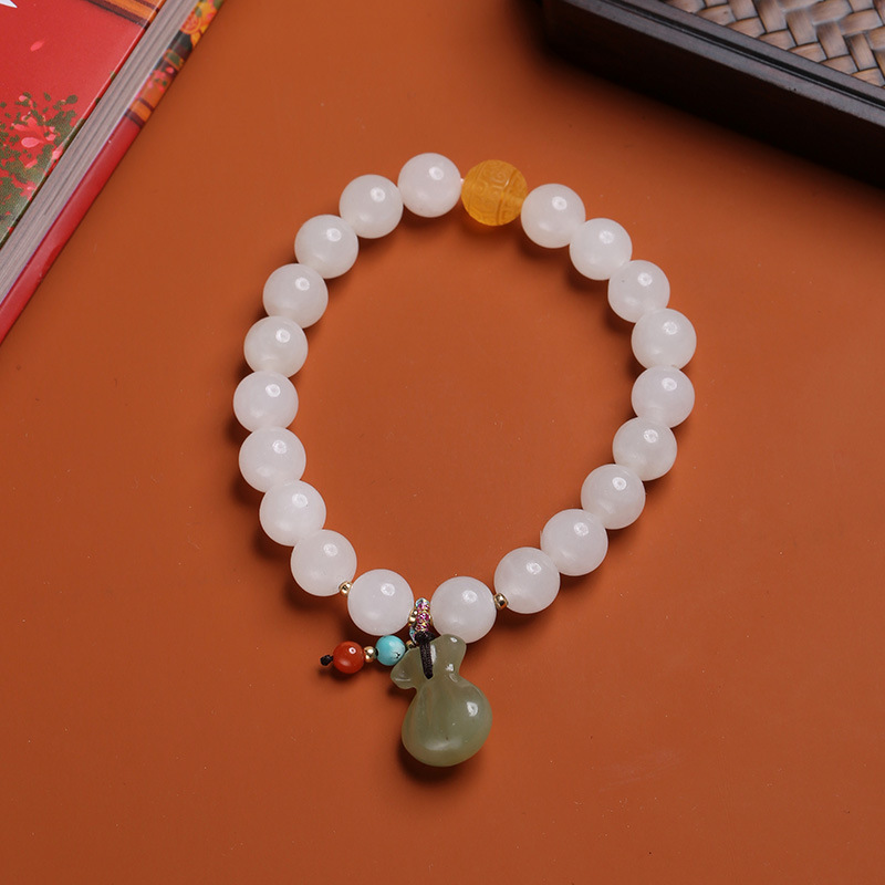 8mm single-loop Hetian jade pendant, Hetian green jade lucky money bag bracelet, carved beeswax meander bead bracelet, women's jewelry