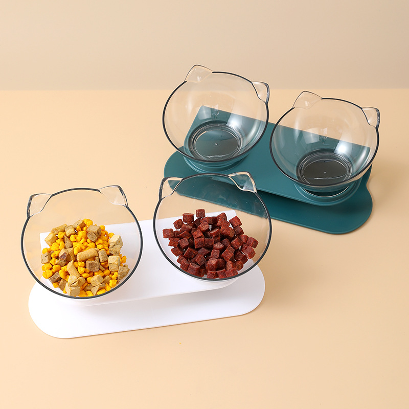 Wholesale in stock, popular adjustable neck guard cat bowl, double-bowl inclined transparent cat face cat bowl, pet cat bowl