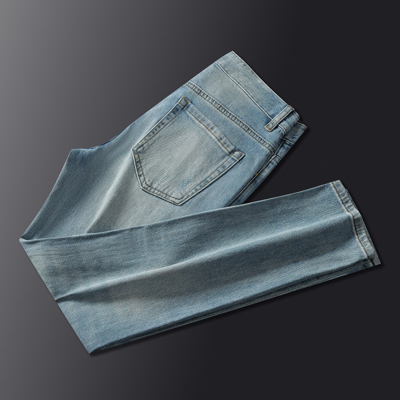 New trendy retro distressed jeans for men from Xintang, a nostalgic style youth stretch straight long pants for men details Picture