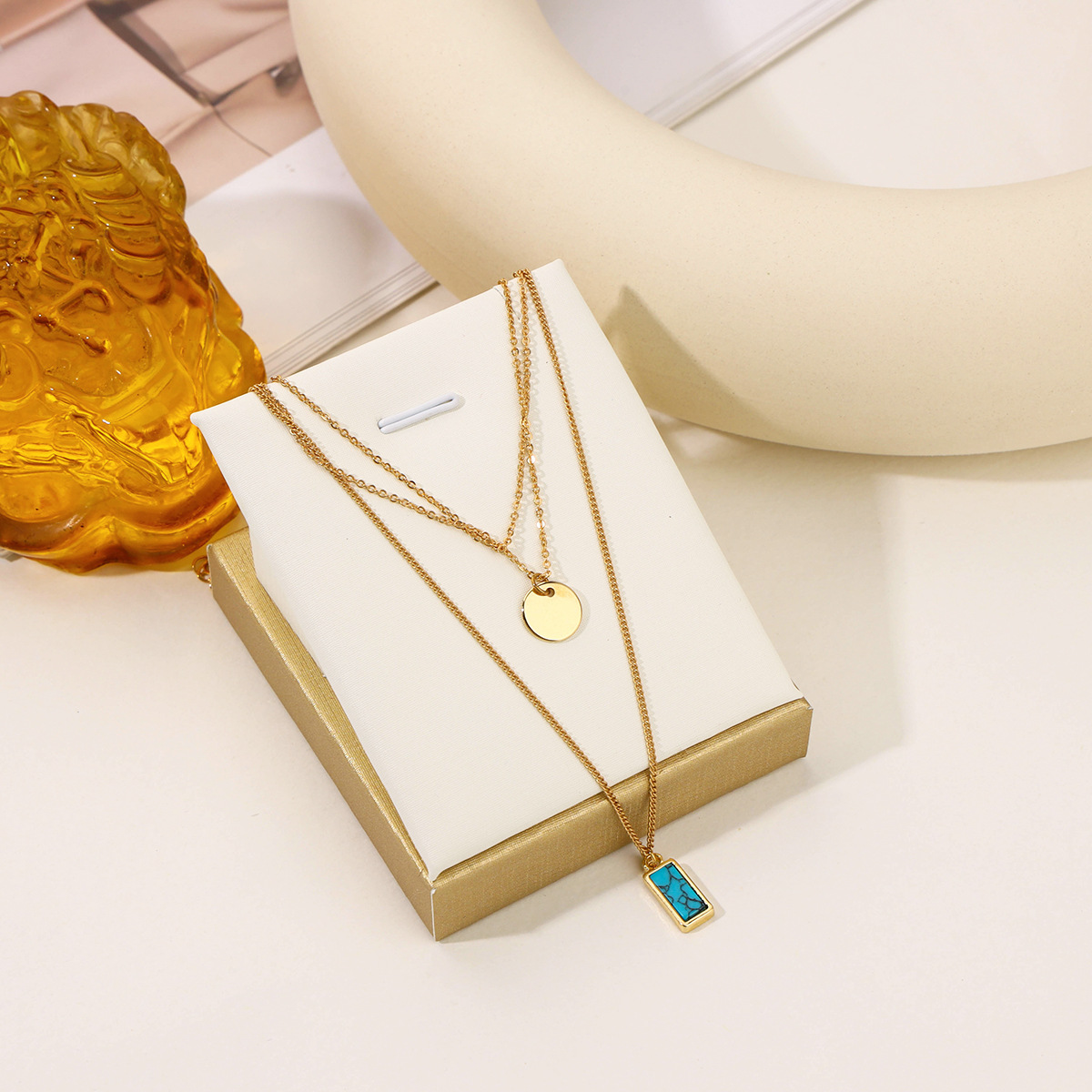 2024 Simple High Sense Necklace Multi-Layer Wear Design Sense Necklace 18K Gold Natural Stone Pendant Jewelry Supply