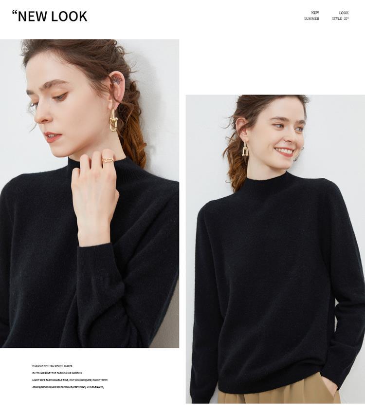 100% ready-to-wear wool sweater for women, semi-high neck, autumn and winter solid color loose pullover, Korean-style knitted base layer sweater pic 42