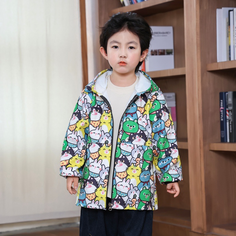 Children's smock coat with fleece and thickening, autumn and winter hooded long-sleeved, boy zipper, baby, kindergarten meal bib