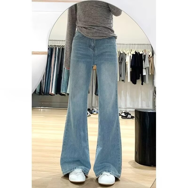 浅色微喇牛仔裤女夏季新款潮流弹力高腰显瘦慵懒风百搭不贴腿裤子