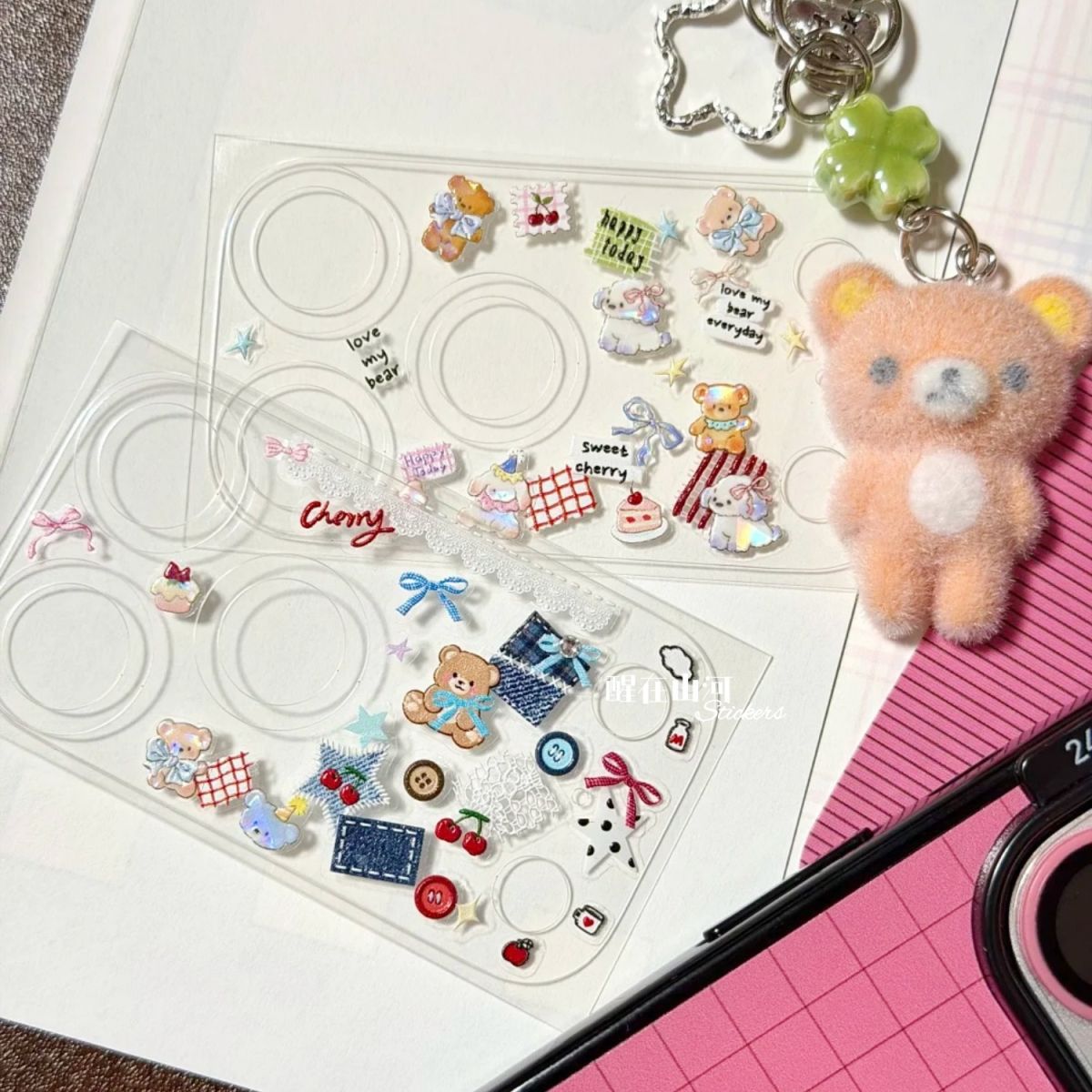 New Korean-style Instagram Apple 17 lens sticker, cute bear cowboy heart relief DIY mobile phone decoration sticker pic 2