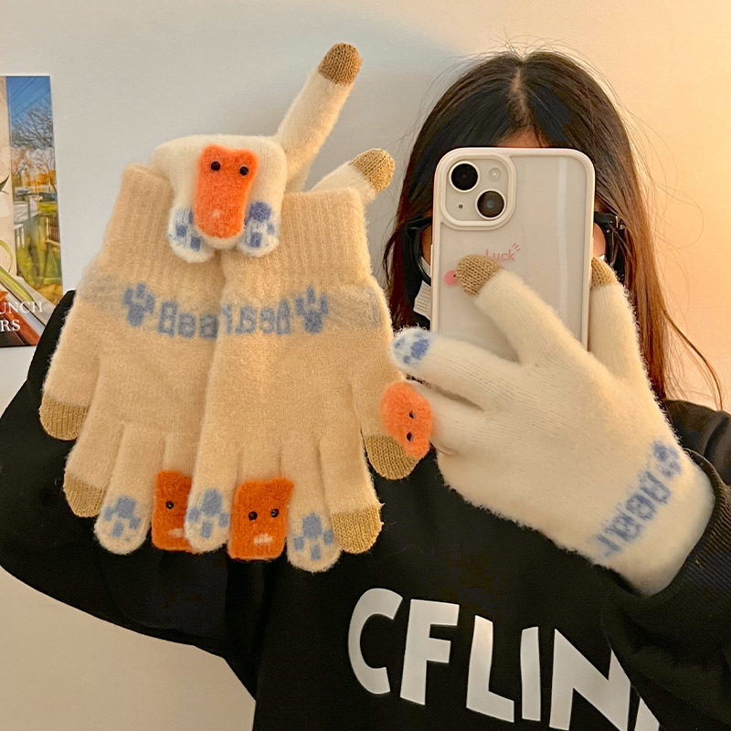 2024 New women's winter fleece thickened cycling cute touch screen split-finger cold-proof fleece windproof five-finger gloves