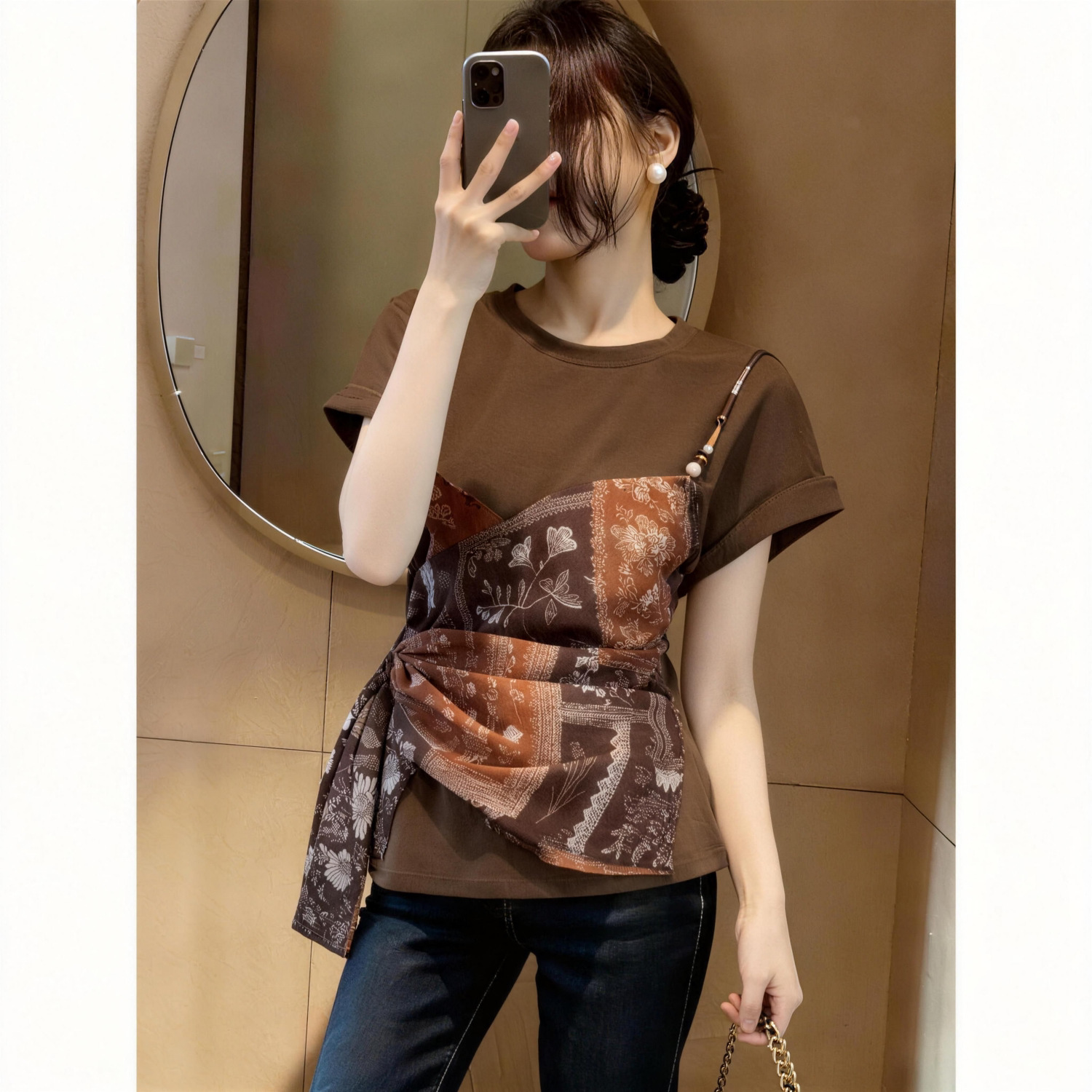 2026 Summer New Style off-the-shoulder short-sleeved T-shirt for women, American retro coffee-colored design casual short-sleeved top 11412 Specification image