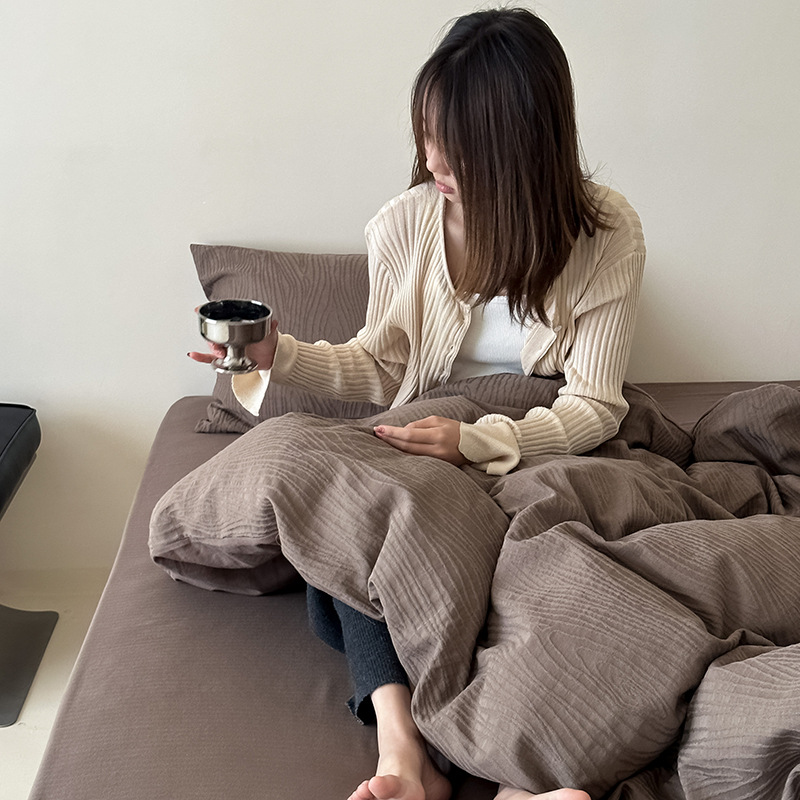 Class A Simple Pure Color Tree Pattern Jacquard Texture 60S All Cotton Washed Cotton Four-Piece Plain Color Pure Cotton Bed Sheet Cover Specification drawing