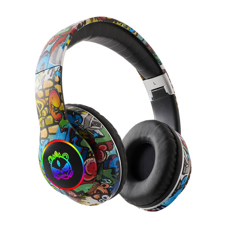 Cross-border nuevos auriculares bluetooth auriculares LED emiten tarjeta de inserción inalámbrica auriculares bluetooth graffiti azul 8686 details Picture