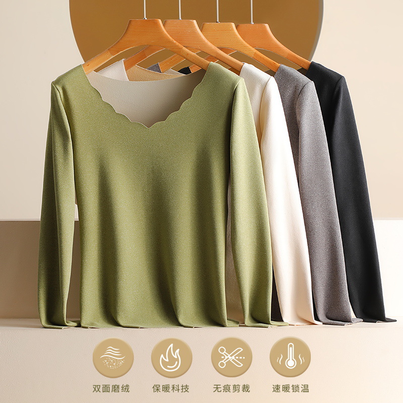 De Rong Seamless Self-heating long-sleeved thermal underwear for women, thickened V-neck base layer, thermal jacket and thermal pants set Specification image