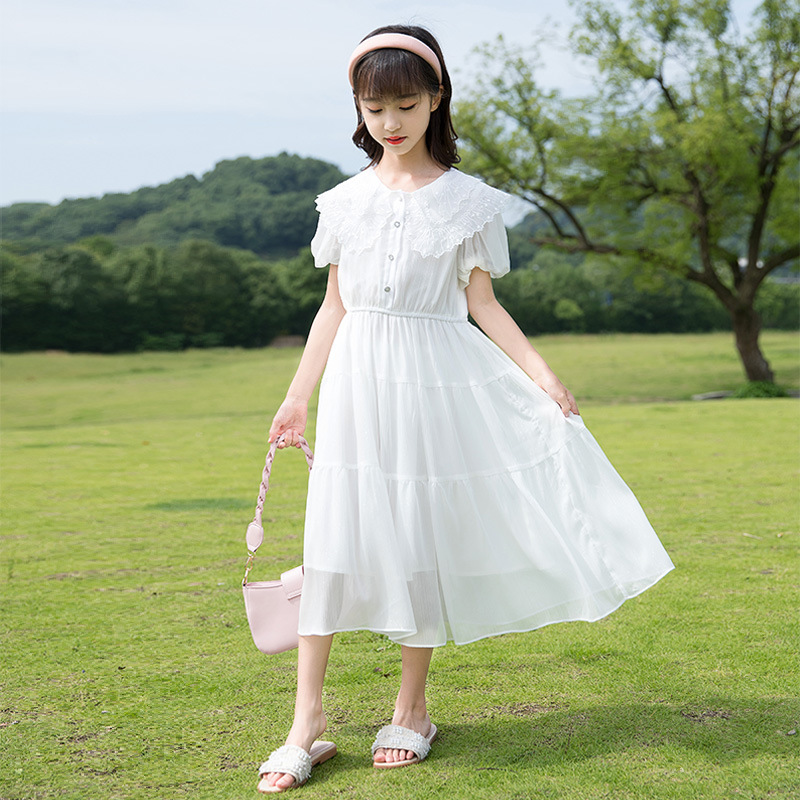 A new Korean-style stylish dress for girls, a short-sleeved princess dress, and a popular chiffon puffed-sleeve dress for children details Picture