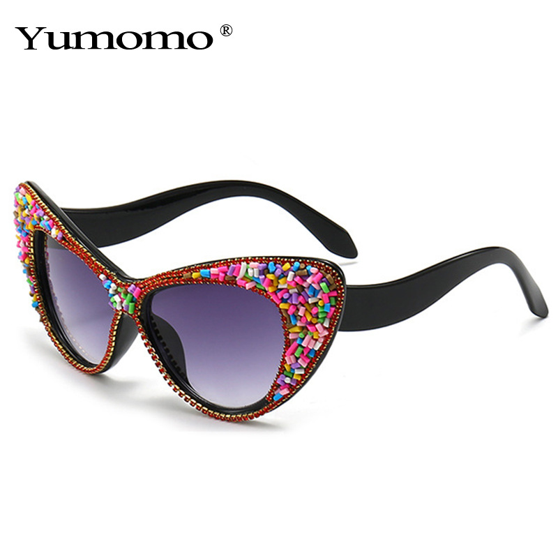 新款时尚潮流镶钻大猫眼太阳镜蛋糕碎装饰个性欧美舞会墨镜跨境批