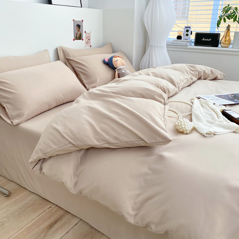 Washed cotton solid color four-piece bed linen Japanese simple woolen bed sheet quilt set wholesale dormitory three-piece set details Picture