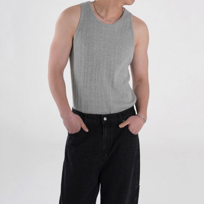MYQ simple style solid color sleeveless T-shirt for men, summer versatile round-neck fitted vest, high-end Korean-style fitness top Specification image