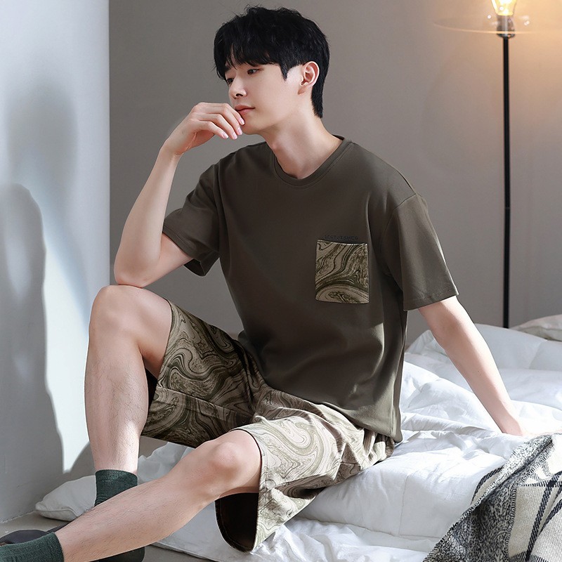 Summer thin round-neck pajamas for men, pure cotton breathable short-sleeved shirts and shorts, simple and comfortable, suitable for wearing outside as a home wear set Specification image