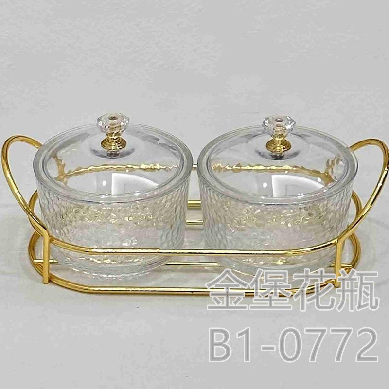 Light luxury fruit tray Home living room double cell end table glass fruit box nut candy tray storage box snack tray Gold Castle vase snack candy seasoning transparent box Gold Castle vase Item Picture
