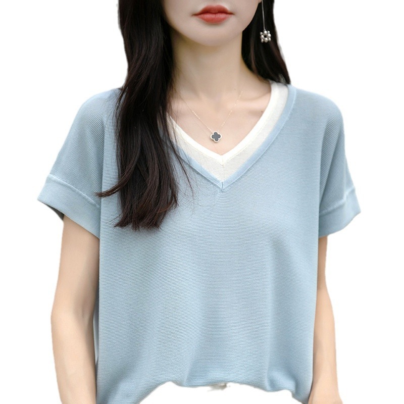 A new light and thin Tencel V-neck pullover top for women in spring and summer with a color-blocking design and a knitted short-sleeved casual T-shirt Item Picture