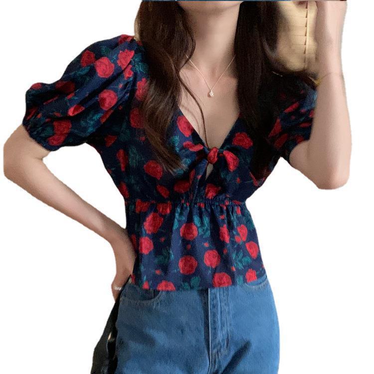 2022 Summer retro rose V-neck tie design, waist-cinching short ruffled puffed sleeve shirt for women Item Picture