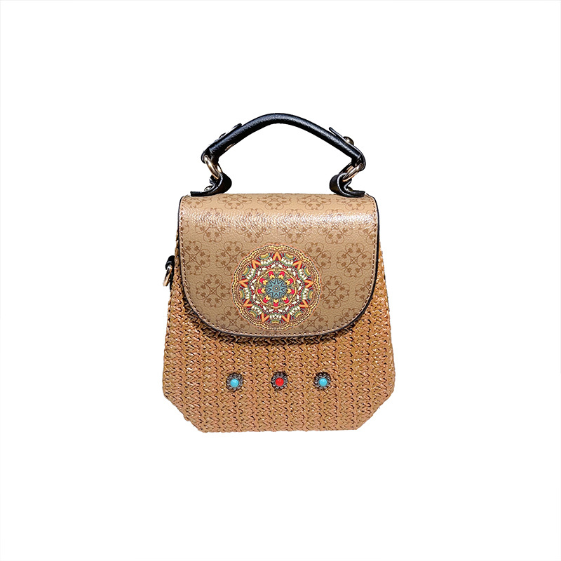 2024 new retro national style women's single shoulder bag rattan leather hand-held cross-body multi-color printing storage bag for women Item Picture
