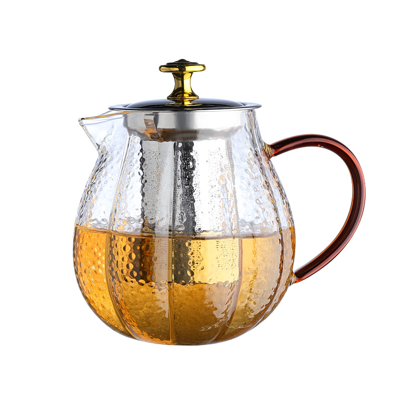 Hammered pumpkin glass teapot, thickened household tea brewer, high-temperature resistant tea set, filter flower teapot, heat-resistant brewing Item Picture