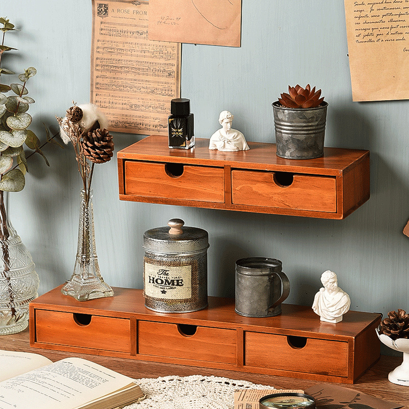 Retro Creative Desk Wall Storage Office Clutter Multi-Layer Organizer Zakka Wooden Jewelry Locker