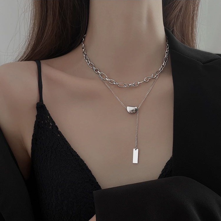 Acacia Bean Double Titanium Steel Necklace Women Simple Ins Lucky Bean Double Layer Wear Collarbone Chain Choker Accessories details Picture