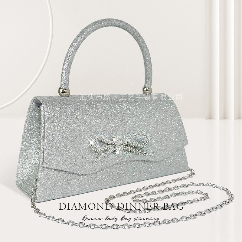 Factory direct supply Amazon in-stock water diamond bow new dinner bag fine powder elegant handbag with slanted chain Specification image