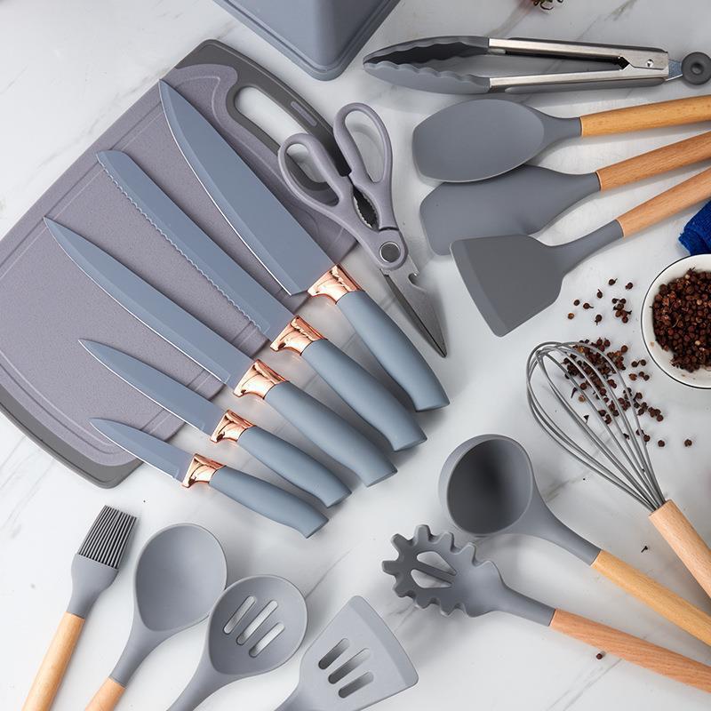 Wooden Handle Silicone Kitchen Utensils 19 Sets Chef Cooking Non-Stick Knives Cooking Spatula Spoon 12 Sets Cross-Border Supply details Picture