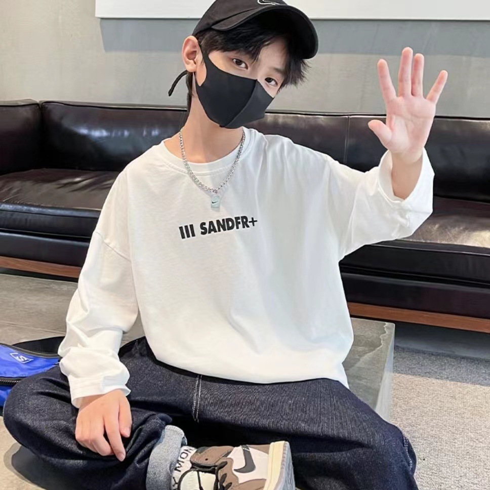 100% pure cotton Boys' Spring and Autumn T-shirt 2023 Korean style trendy big and medium children's versatile top, children's wear base layer details Picture