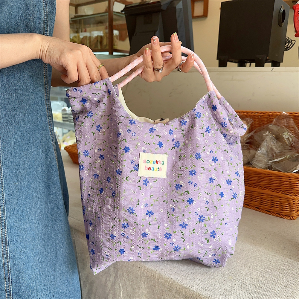 4596 Korean small floral single-shoulder canvas bag for spring and summer, fresh and thin handbag, large capacity vacation beach bag