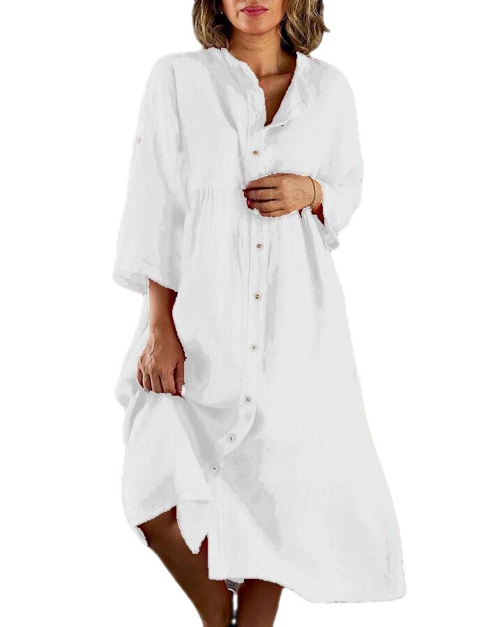 Wholesale of the new cotton and linen solid-color casual button long dress on Amazon and ebay cross-border women's Clothing AliExpress in 2023 Item Picture