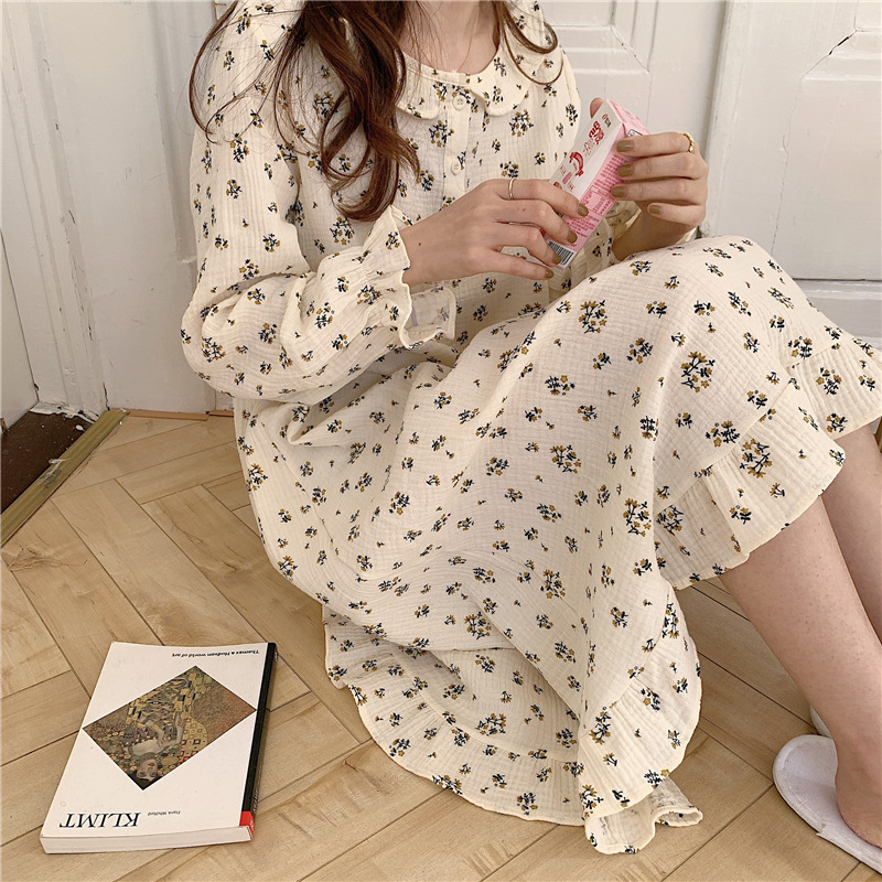 Zhao Silu With 2023 Spring And Autumn New South Korean Ins Long-Sleeved Loose Doll Collar Floral Home Dress Long Nightdress details Picture