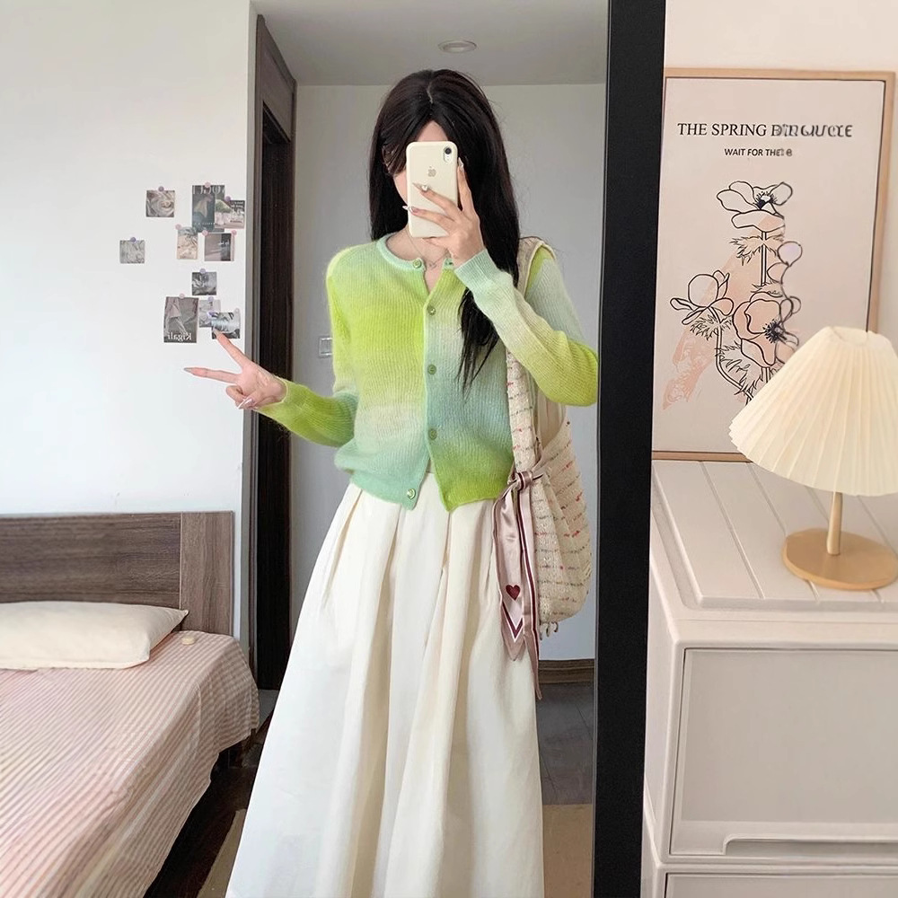 YUNSHU Korean style gradient color-blocking thin sweater women's spring and autumn mohair youthful round-neck knitted cardigan top Specification image