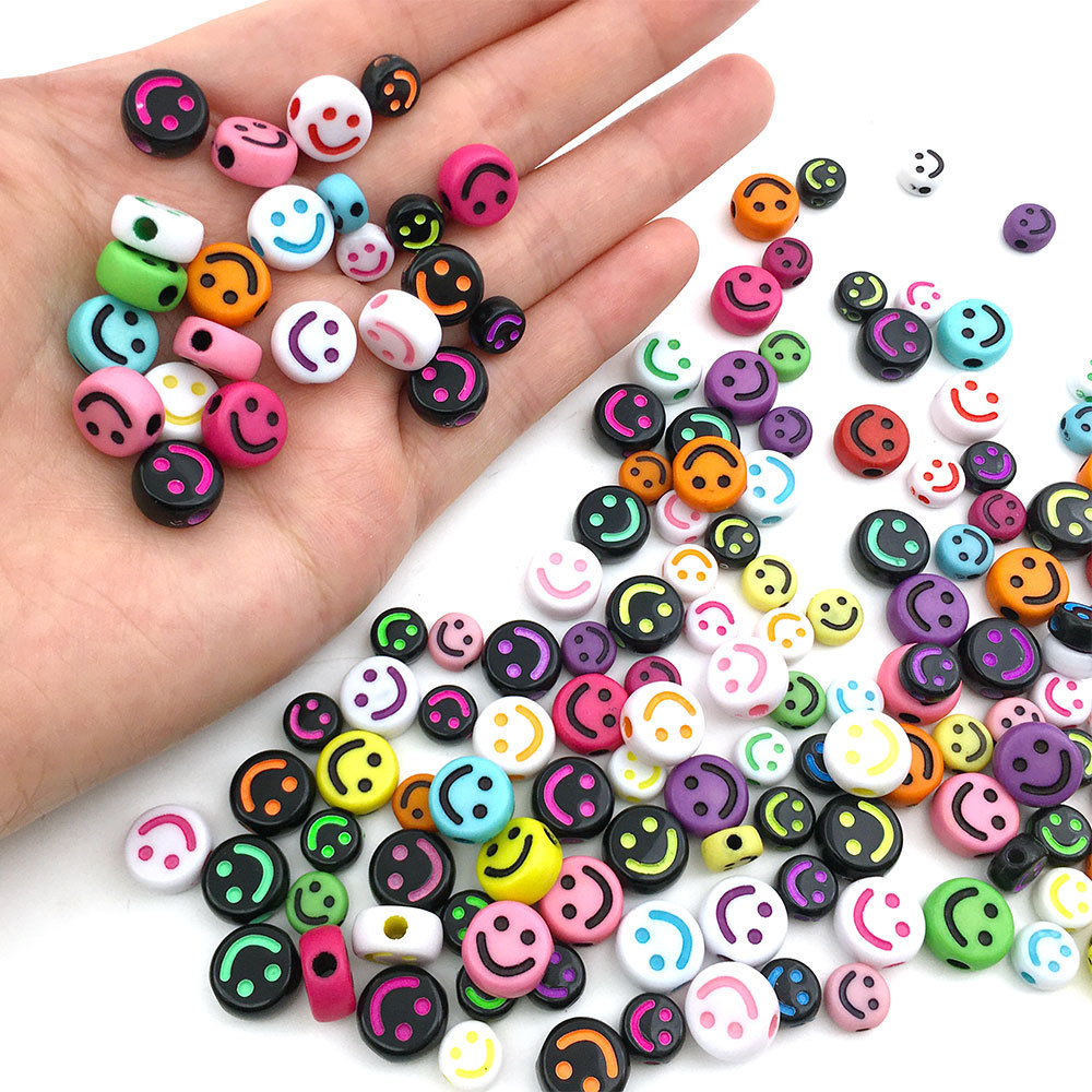 100 / Bag Colorful Acrylic Concave Smiley Face Beads Cartoon Expression Round Diy Bracelet Beaded Jewelry Accessories details Picture
