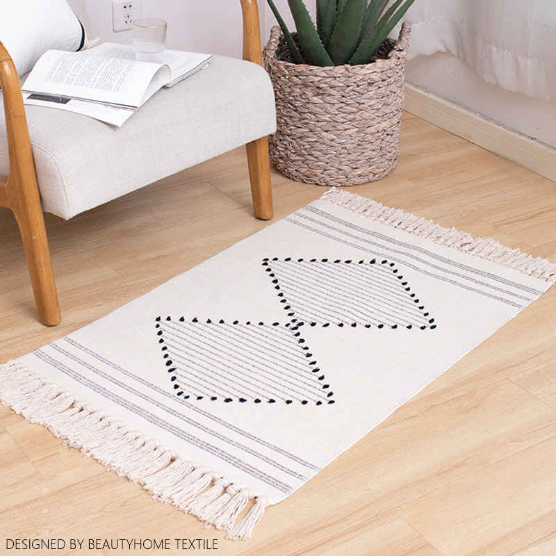 Cotton Woven Cut Floral Carpet Home Living Room Ethnic Style Mat Simple Bedroom Bed Bed Fringe Foot Mat In Front Of Bed