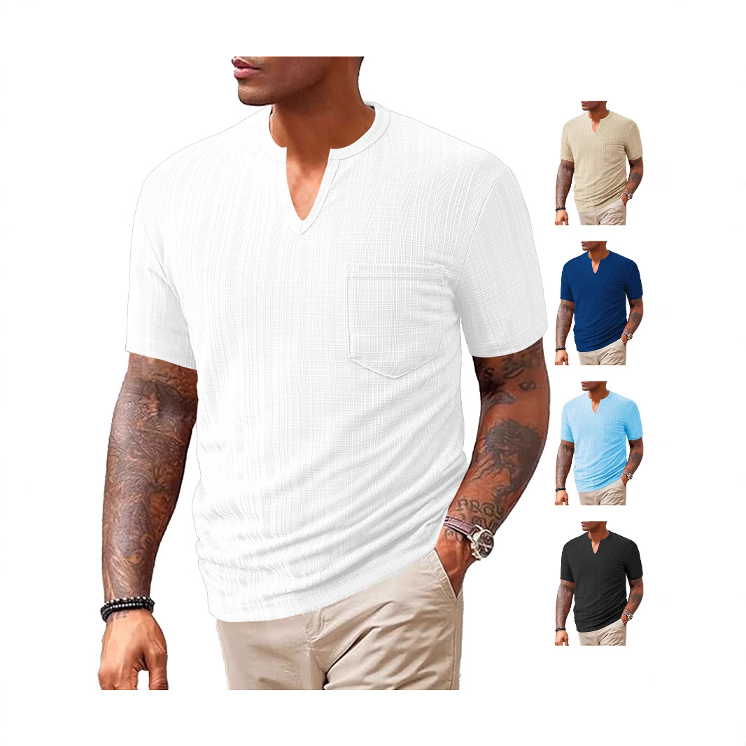25 años cross border ropa de hombre europa y Estados Unidos verano nuevo deporte casual holgado color sólido 100% poliéster imitación de lino cuello V hombres manga corta details Picture