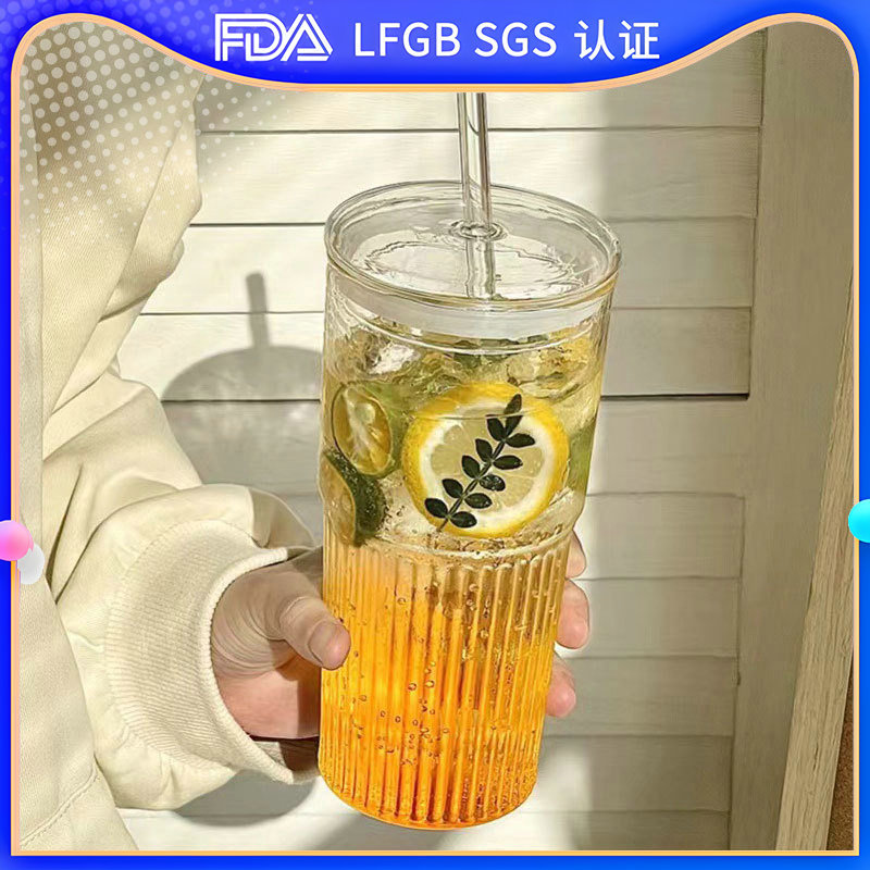 ins风竖条纹玻璃杯喝水杯子带盖高颜值家用牛奶杯夏季大容 量水杯